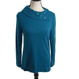 Chicos Womens Tunic Sweater Grommet Snap Neck Fleece Long Sleeve Teal Size XS